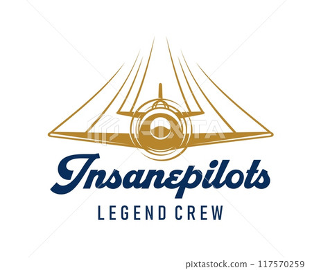 Airline and aircraft aviation icon for insane pilots legend crew. Vector label with golden plane with propeller and bold classic typography symbolizing flight tradition and sense of airborne adventure 117570259