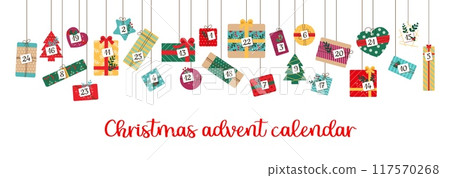 Christmas advent calendar gift boxes, holiday garland. Vector countdown calendar with cartoon presents hanging on ribbons with number tags, Xmas tree, Christmas winter holiday ornaments and bows Christmas advent calendar gift boxes, holiday garland. Vector countdown calendar with cartoon presents hanging on ribbons with number tags, Xmas tree, Christmas winter holiday ornaments and bows 117570268