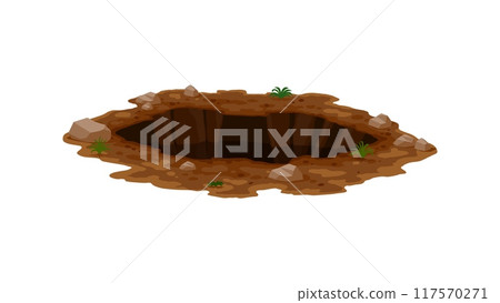 Dirty pit and burrow, deep ground hole. Isolated cartoon vector muddy break, split or dig with uneven edges and stones. Natural gap in garden or forest, surrounded by patches of dirt and small plants Dirty pit and burrow, deep ground hole. Isolated cartoon vector muddy break, split or dig with uneven edges and stones. Natural gap in garden or forest, surrounded by patches of dirt and small plants 117570271