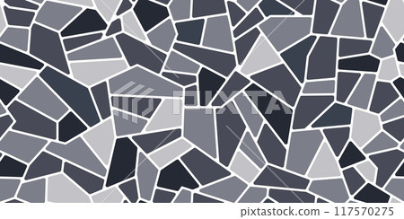 Grey mosaic stone floor, splinter tile pattern paving background. Floor and wall tile rock texture, pavement, garden path and street sidewalk top view pattern with gravel or flagstone blocks 117570275