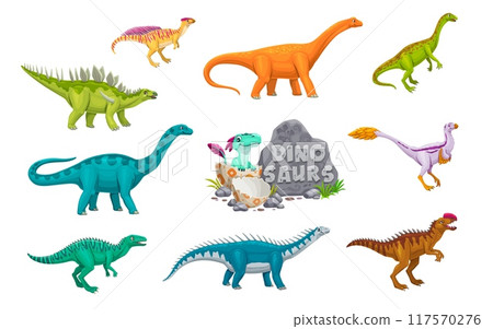 Cartoon dinosaur characters and cute baby dino in egg, vector funny jurassic animals of prehistoric jungle forest. Funny kentrosaurus, wannanosaurus, monolophosaurus and datousaurus personages set Cartoon dinosaur characters and cute baby dino in egg, vector funny jurassic animals of prehistoric jungle forest. Funny kentrosaurus, wannanosaurus, monolophosaurus and datousaurus personages set 117570276