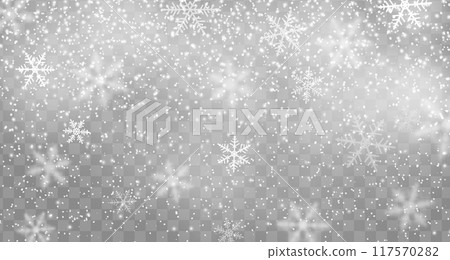 Realistic snowfall effect with snowflakes on transparent background. Christmas winter snow flakes descending from the sky, reflects serene artistry of nature in its fleeting journey to the ground Realistic snowfall effect with snowflakes on transparent background. Christmas winter snow flakes descending from the sky, reflects serene artistry of nature in its fleeting journey to the ground 117570282