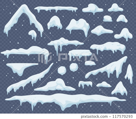 Cartoon Christmas snow and ice decorations of winter snowflakes and icicle effect, isolated vector. Snowball, frost and snowy frames, cold frozen snow caps and roof top effect backgrounds of Christmas 117570293