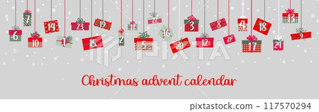 Christmas advent calendar with gift boxes garland for winter holiday, vector background. Christmas advent calendar with December days and present gifts with ribbons in wrapper with snowflakes ornament Christmas advent calendar with gift boxes garland for winter holiday, vector background. Christmas advent calendar with December days and present gifts with ribbons in wrapper with snowflakes ornament 117570294