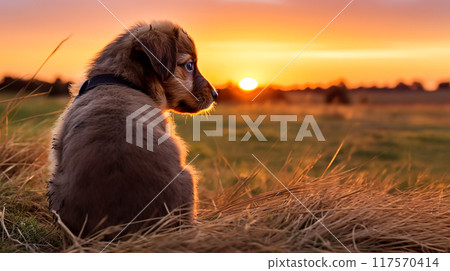 Back view of a puppy standing in a meadow at dusk 117570414