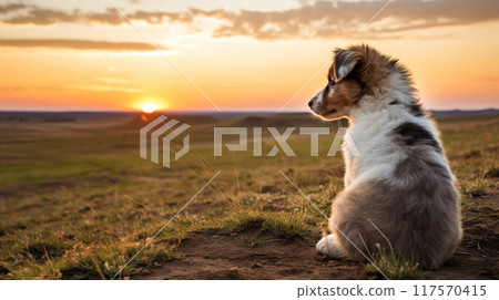 Back view of a puppy standing in a meadow at dusk Back view of a puppy standing in a meadow at dusk 117570415