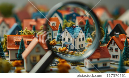 Miniature houses and a magnifying glass focusing on one, illustrating real estate concept. High quality illustration 117570561