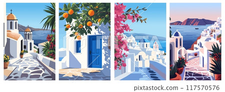 Santorini landscape posters set. Greek island. Pink local flowers tree. Blue door branch of oranges tipical buildings clear skies. Travel holidays tourism concept. Cartoon flat minimalism vector 117570576