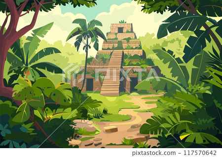 Landscape with old aztec temple in jungle. Tropical forest around. Palms exotic trees and plants. Stone made walls of the mystical old building. Video computer game backdrop poster. Cartoon style Landscape with old aztec temple in jungle. Tropical forest around. Palms exotic trees and plants. Stone made walls of the mystical old building. Video computer game backdrop poster. Cartoon style 117570642