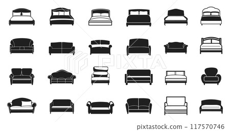 Bed and sofa icons set. Bedroom and living room cozy furniture for relaxing and sleeping. Comfortable couch models for modern apartment. Simple black and white flat style isolated vector clipart Bed and sofa icons set. Bedroom and living room cozy furniture for relaxing and sleeping. Comfortable couch models for modern apartment. Simple black and white flat style isolated vector clipart 117570746