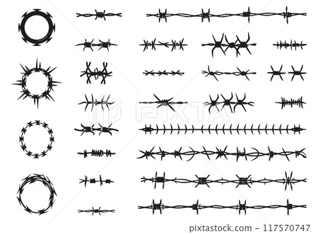 Barbed wire icons set. Black contour silhouettes. Twisted and straight pieces of industrial fence wire. Protection, danger or security concept elements. Isolated vector clipart collection 117570747
