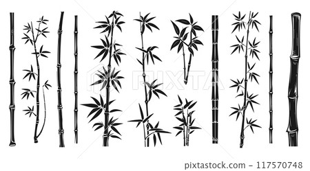 Bamboo black monochrome vector icons set. Bamboo stick parts and section of branches and leaves tree trunk. Isolated vector clipart collection on white background 117570748