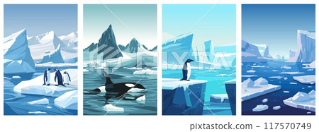 Arctic ice landscape posters set. Cold water, broken ice floting on foreground. Pinguins in a group orca swimming. North nature background beauty. Flat cartoon vector minimalism style 117570749