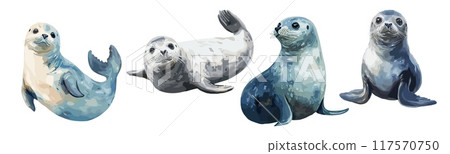 Aquarelle cute baby seal set. Playful water animal. Emotional friendly big eyes. Nursery kids room sticker print decorative element. Watercolor style isolated vector clipart collection 117570750