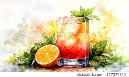 Vibrant Watercolor Cocktail with Citrus Garnishes - Fresh and Artistic Beverage Illustration 117570814