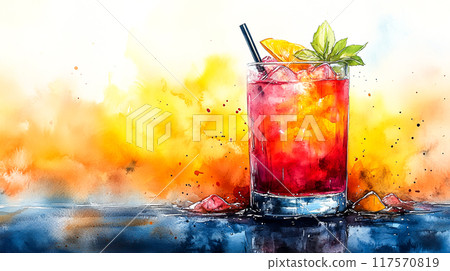 Delightful Watercolor Illustration of a Vibrant Cocktail with Playful Textures and Rich Hues Sparkling in the Light Delightful Watercolor Illustration of a Vibrant Cocktail with Playful Textures and Rich Hues Sparkling in the Light 117570819