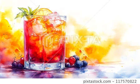 Tropical Dreams - Colorful Watercolor Illustration of Refreshing Cocktail with Vibrant Brushstrokes Tropical Dreams - Colorful Watercolor Illustration of Refreshing Cocktail with Vibrant Brushstrokes 117570822