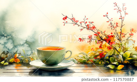 Tranquil Tea Garden Watercolor Illustration with Teacup and Saucer for Relaxation and Mindfulness 117570887