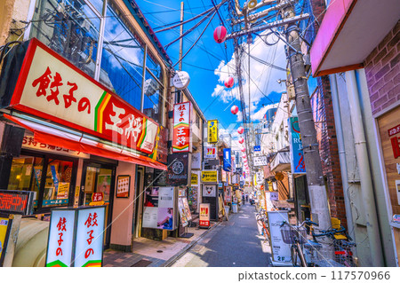 Tokyo cityscape in Japan in August. View of the drinking district "Suzuran-dori" near Sangenjaya Station. Tokyo cityscape in Japan in August. View of the drinking district "Suzuran-dori" near Sangenjaya Station. 117570966