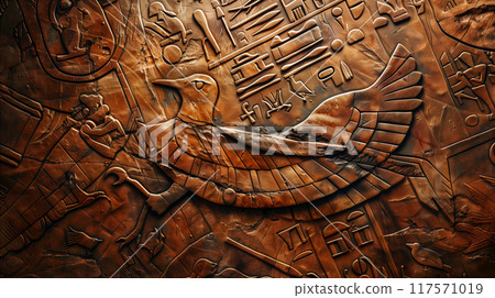 Ancient Egyptian relief depicting a bird in flight with hieroglyphics, showcasing artistry and craftsmanship. Generative AI 117571019