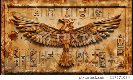 Carved relief of a majestic eagle with outstretched wings against a backdrop of ancient Egyptian hieroglyphs. Generative AI Carved relief of a majestic eagle with outstretched wings against a backdrop of ancient Egyptian hieroglyphs. Generative AI 117571024