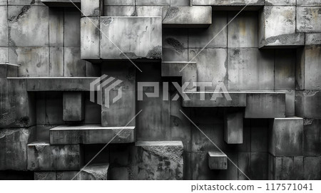 Abstract concrete structure with rough layered blocks and varying textures in a modern architectural design. Generative AI 117571041