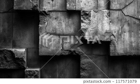 Abstract wall of textured concrete blocks with cracks and imperfections in black and white. Generative AI 117571079