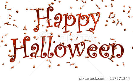 Text Happy Halloween among pumpkins and candies. Transparent Background. 117571244