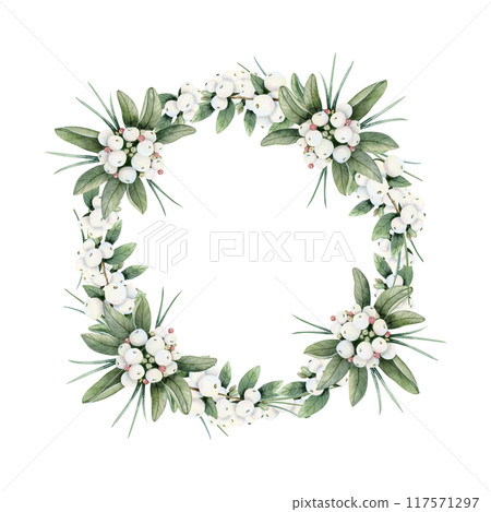 Christmas snowberry wreath with branches and white berries watercolor isolated illustration. Hand drawn round frame with winter plant, botanical clipart for holiday season and New Year Christmas snowberry wreath with branches and white berries watercolor isolated illustration. Hand drawn round frame with winter plant, botanical clipart for holiday season and New Year 117571297
