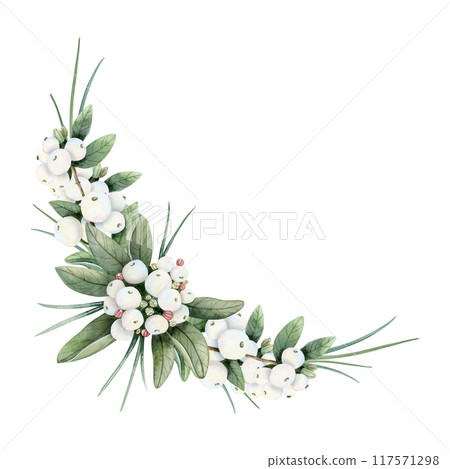 Watercolor snowberry corner composition with branches and white berries watercolor isolated illustration template. Hand drawn Christmas plant botanical clipart for winter holidays and New Year Watercolor snowberry corner composition with branches and white berries watercolor isolated illustration template. Hand drawn Christmas plant botanical clipart for winter holidays and New Year 117571298