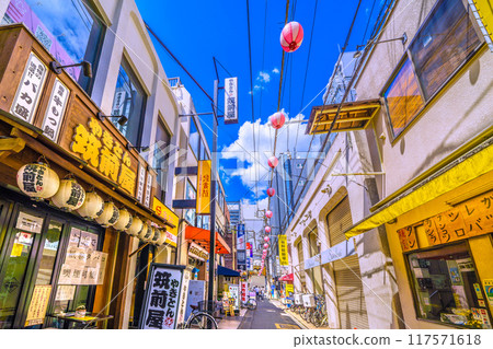 Tokyo cityscape in Japan in August. View of the drinking district "Suzuran-dori" near Sangenjaya Station. Tokyo cityscape in Japan in August. View of the drinking district "Suzuran-dori" near Sangenjaya Station. 117571618
