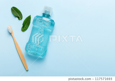 Mouthwash and fresh mint on colored background, top view with copy space for text 117571693
