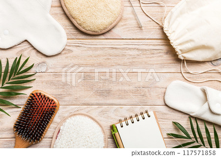 Zero waste concept. Eco-friendly home daily accessories. top view Zero waste concept. Eco-friendly home daily accessories. top view 117571858