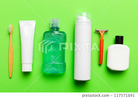 Mockup for bathing products top view flat lay, spa razor, toothpaste, soap, gel and other various accessories. Cosmetics for skin health. Bath Mockup for your logo Mockup for bathing products top view flat lay, spa razor, toothpaste, soap, gel and other various accessories. Cosmetics for skin health. Bath Mockup for your logo 117571891