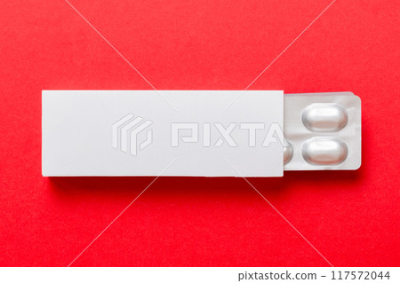 Blank White Product Package Box Mock-up. Open blank medicine drug box with blister top view Blank White Product Package Box Mock-up. Open blank medicine drug box with blister top view 117572044