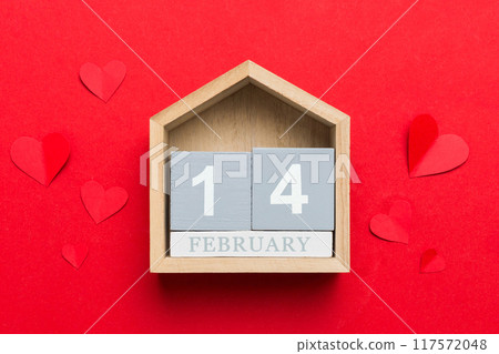 Valentine Day theme with wooden block calendar. Greeting card template for Valentines Day copy space for text Valentine Day theme with wooden block calendar. Greeting card template for Valentines Day copy space for text 117572048