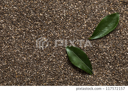 Space for text Texture of Chia seeds with green leaf superfood concept. Top view Space for text Texture of Chia seeds with green leaf superfood concept. Top view 117572157