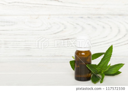 Natural Mint Essential Oil in a Glass Bottle. organic cosmetics with herbal extracts of mint on colored background Natural Mint Essential Oil in a Glass Bottle. organic cosmetics with herbal extracts of mint on colored background 117572330