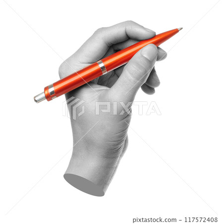 Hands with orange pen isolated on transparent background. Contemporary art 117572408