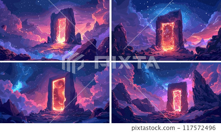Enchanted gateway cartoon vector concepts. Peak stone boulders lighting shimmering entryway portal floating around precipice upright arches, game design elements scenes 117572496