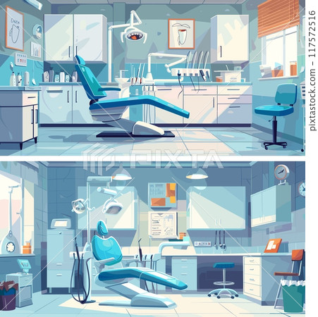 Dentist office cartoon vector scenes. Chair drills lamp teeth treatment desk table shelves medical equipment oral care stuff room hospital interior concepts 117572516