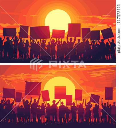 Crowd protesters silhouette cartoon vector scenes. Hands up man woman people banners empty posters holding demonstration voting political disagreement speech messages freedom signals concepts 117572523