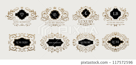Luxury labels. Ornate decorative style premium badges set for luxury identity templates recent vector set with place for text 117572596
