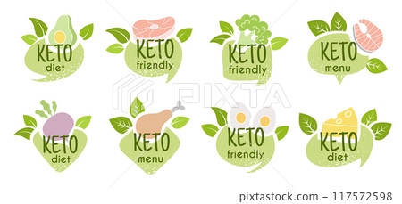 Keto diet. Signs of natural ketogenic food vegetables and fats ingredients recent vector logo or badges collection Keto diet. Signs of natural ketogenic food vegetables and fats ingredients recent vector logo or badges collection 117572598