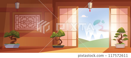 Bonsai interior. Dojo room decoration plants standing on wooden floor exact vector cartoon background Bonsai interior. Dojo room decoration plants standing on wooden floor exact vector cartoon background 117572611