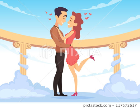 love couple. lovely characters male and female standing and hugging on fantasy sky clouds 117572617