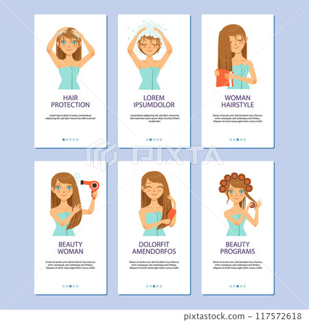 hair care. onboard web pages templates with beautiful woman making cosmetic procedure for hair protection 117572618