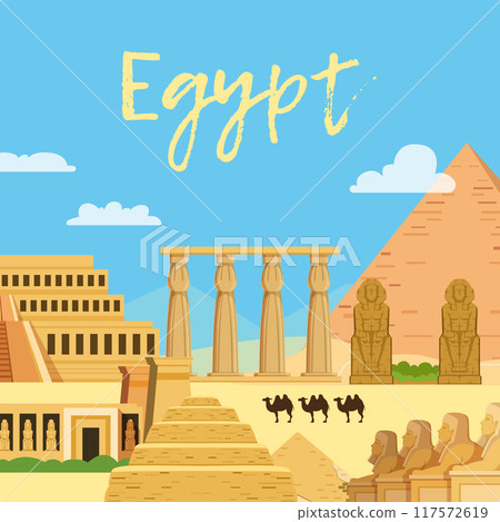 egypt background. historical landmarks in egypt pyramids sphinx vector cartoon template 117572619