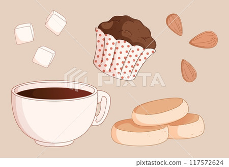 Espresso or americano coffee cup with pastries Espresso or americano coffee cup with pastries 117572624