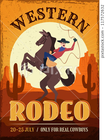 western placard. poster with cowboy with lasso riding on horse. Vector template with place for text rodeo party 117572632